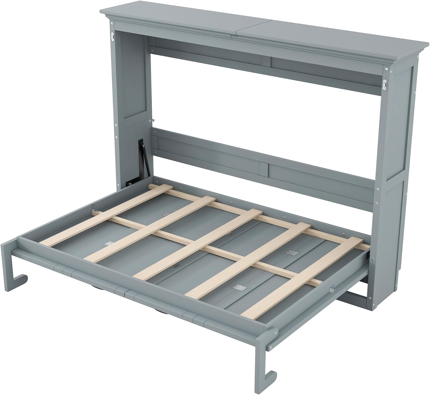 MERITLINE Full Horizontal Murphy Bed Cabinet with Desk, Solid Wood Farmhouse Murphy Bed Frame for Small Room, Office, Apartment, Space Saving, (Full,Grey)