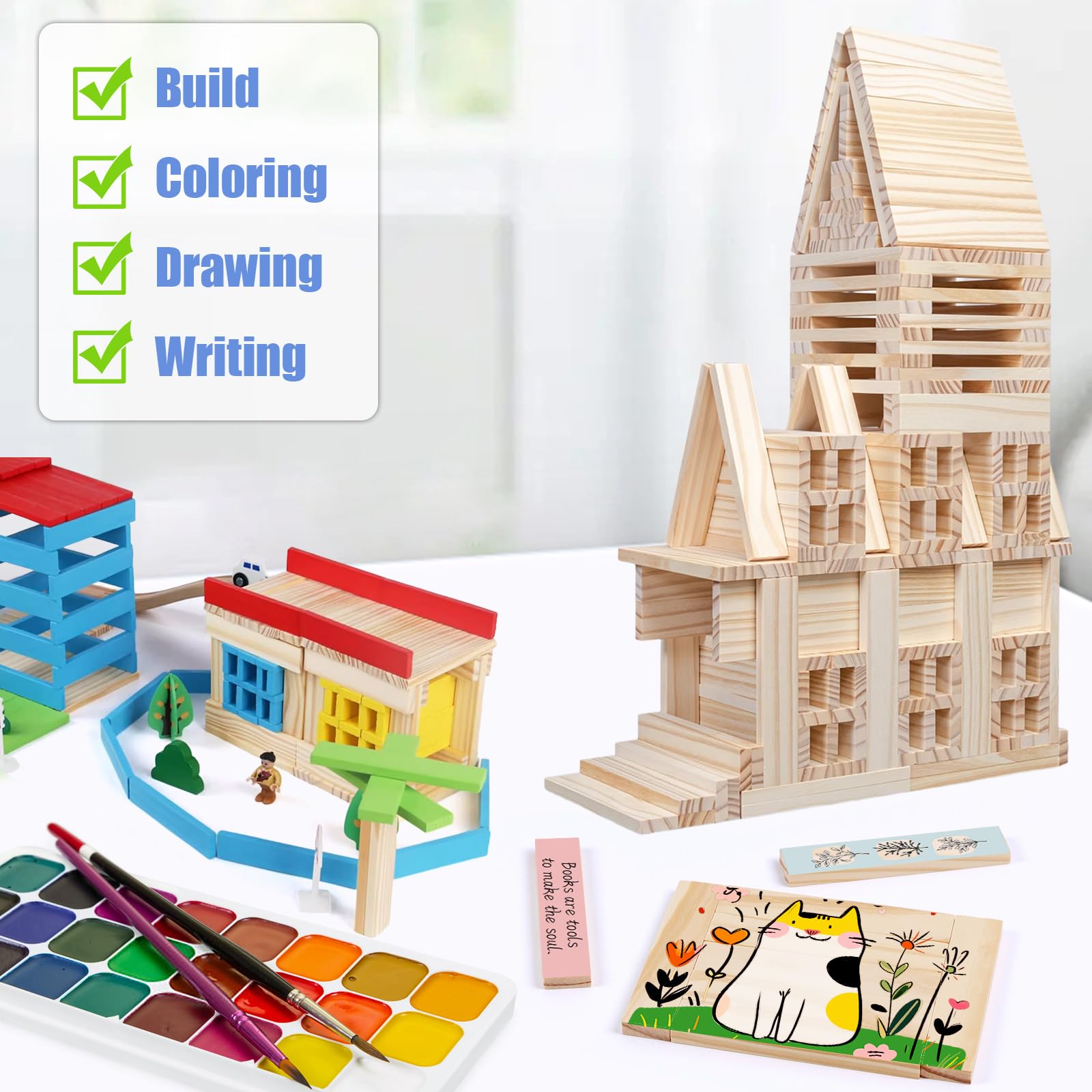 100 Pcs Wood,10 x 2 x 0.7cm Wooden Plank Building Blocks,Wooden Blocks for Kids Natural Pine Wood for Crafts Modelling Making,Home Decor - Image 4