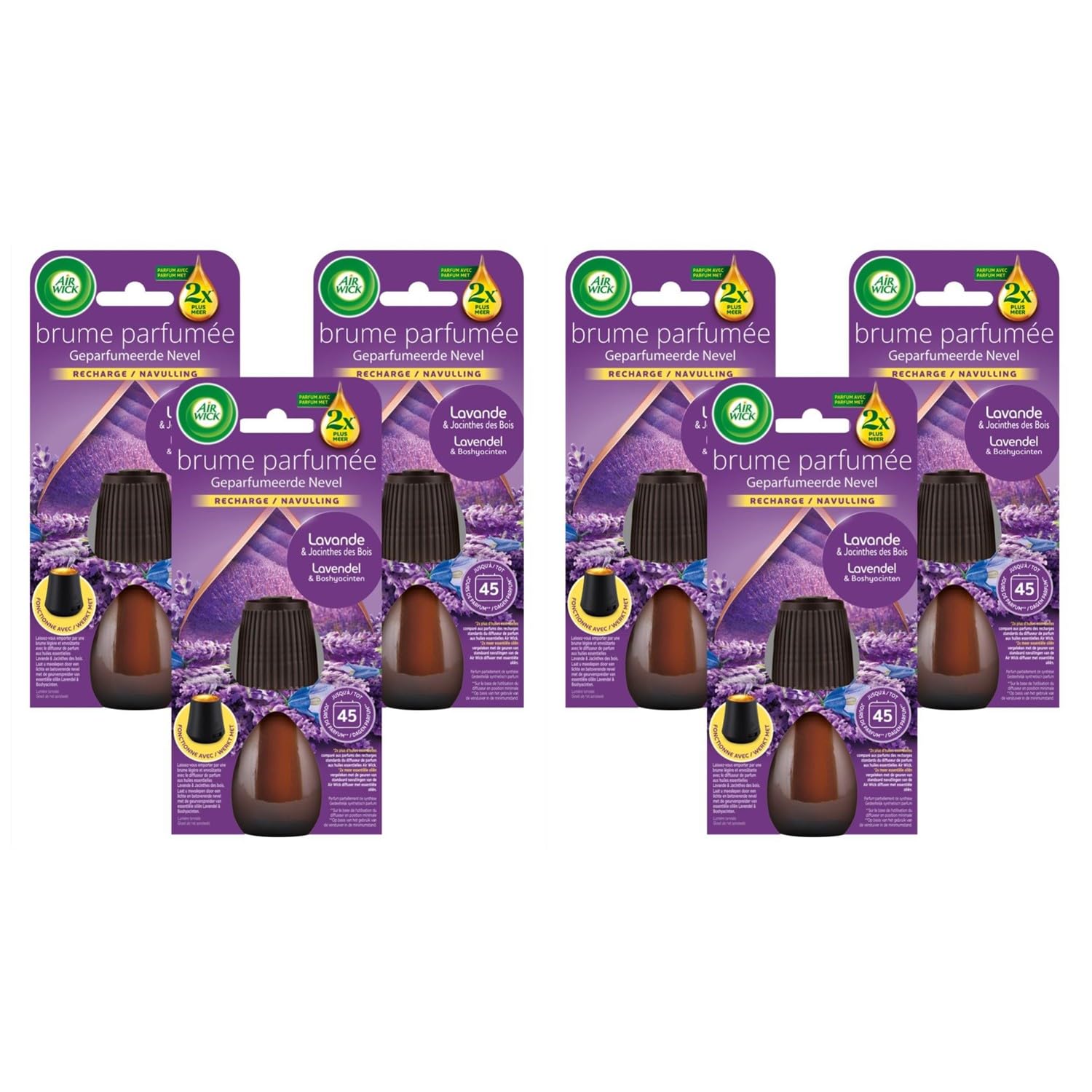 Air Wick Lot de 6 Recharges Diffuseur désodorisant d’Huiles Essentielles Brume Parfumée Lavande et Jacinthes des Bois