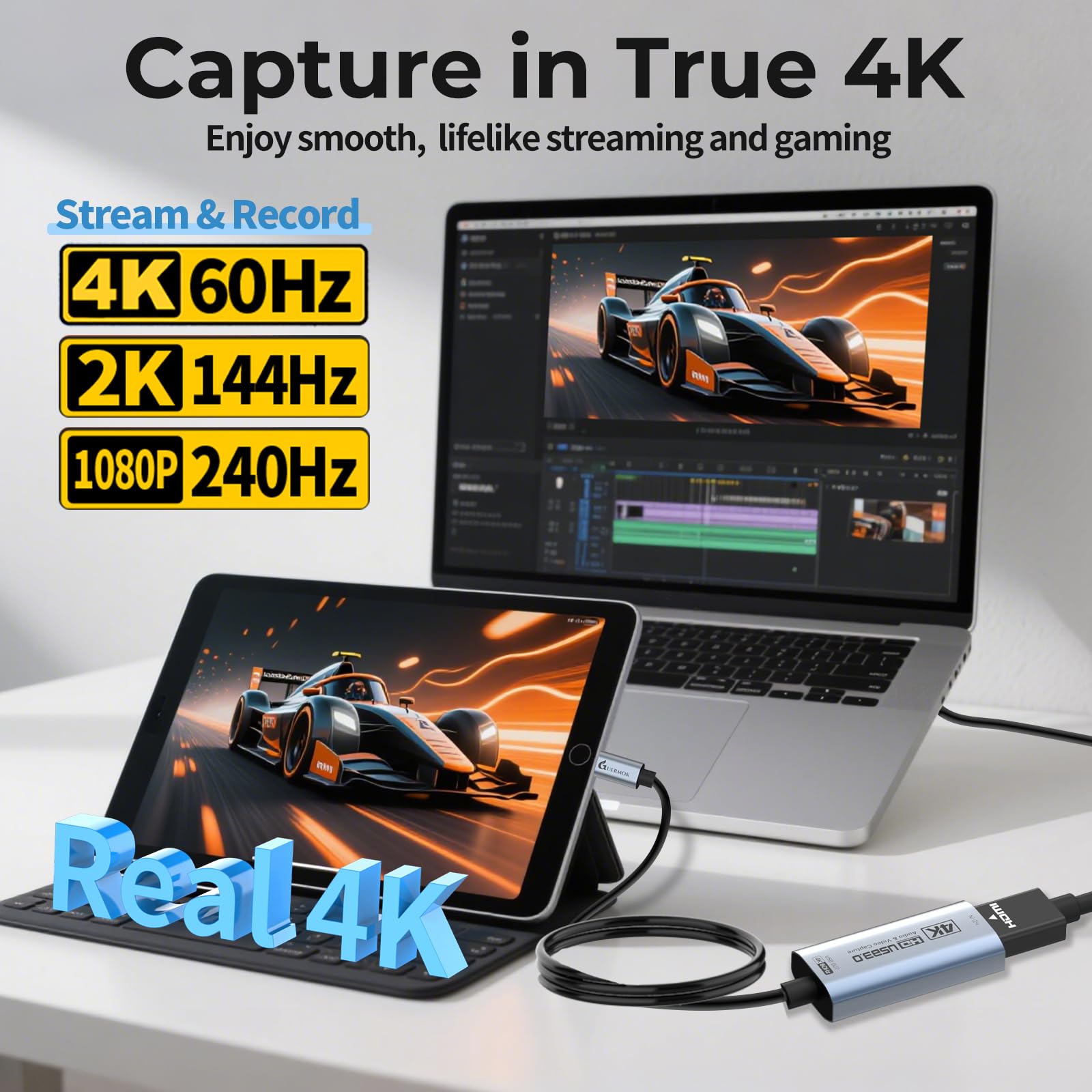 Guermok Carte de Capture Switch, Streaming et Enregistrement en 4K@60FPS, 1080P@240FPS, 1m, USB 3.0 HDMI vers USB-C, Compatible Pad, Switch 2/1, Quest 3, Mac, PC, OBS