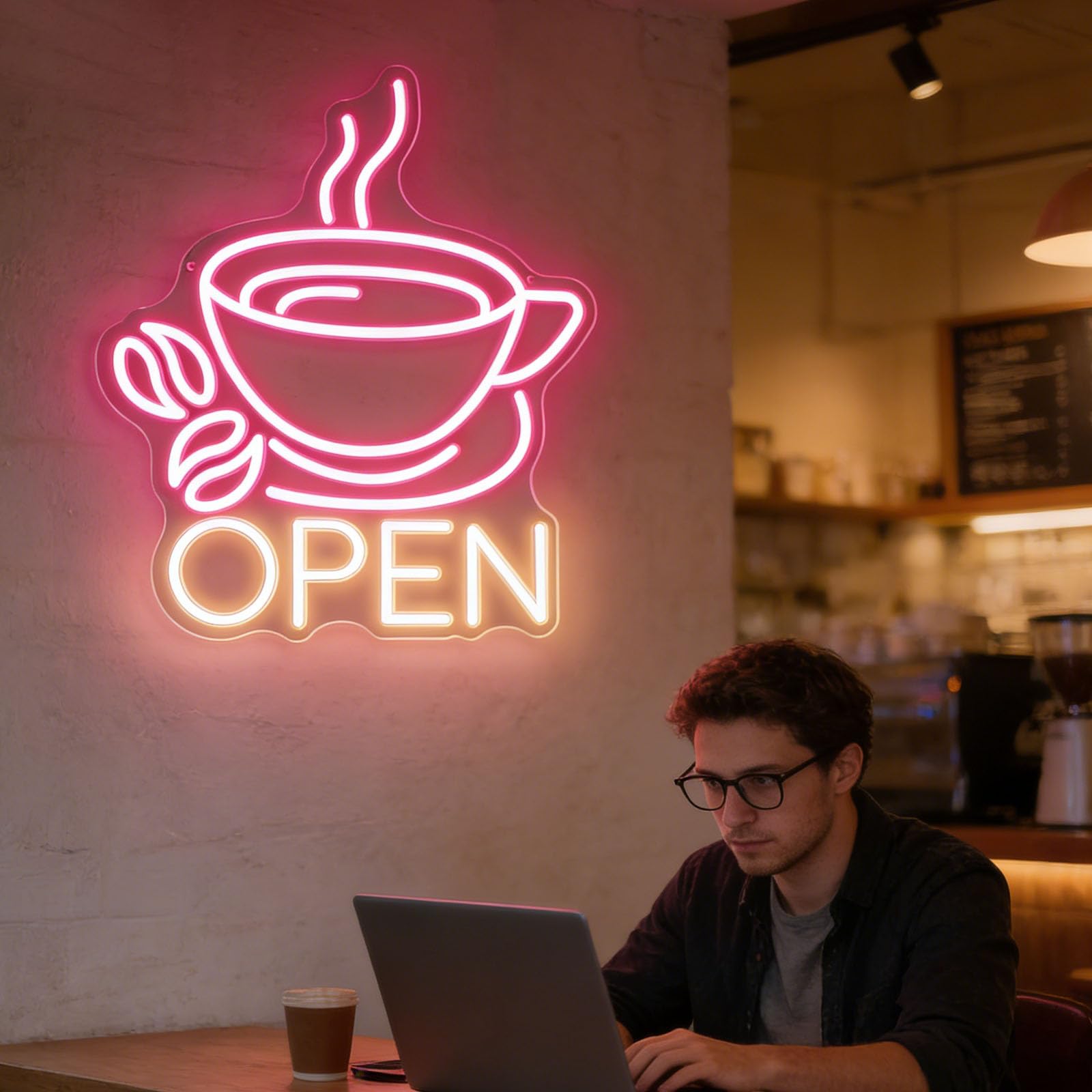 Coffee Cup-Shaped LED Neon Sign Commercial Wall Decor USB-Powered Adjustable Cafe Neon Light for Wall Decor Art In Café Bars Restaurants And Kitchen Cafe Corners(5V 12.6"x14.6")