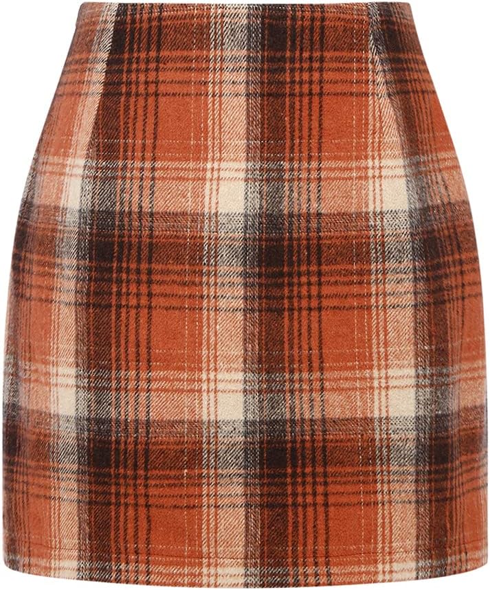 Womens Wool Plaid Mini Skirt Fall Winter High Waisted Bodycon Pencil Skirt