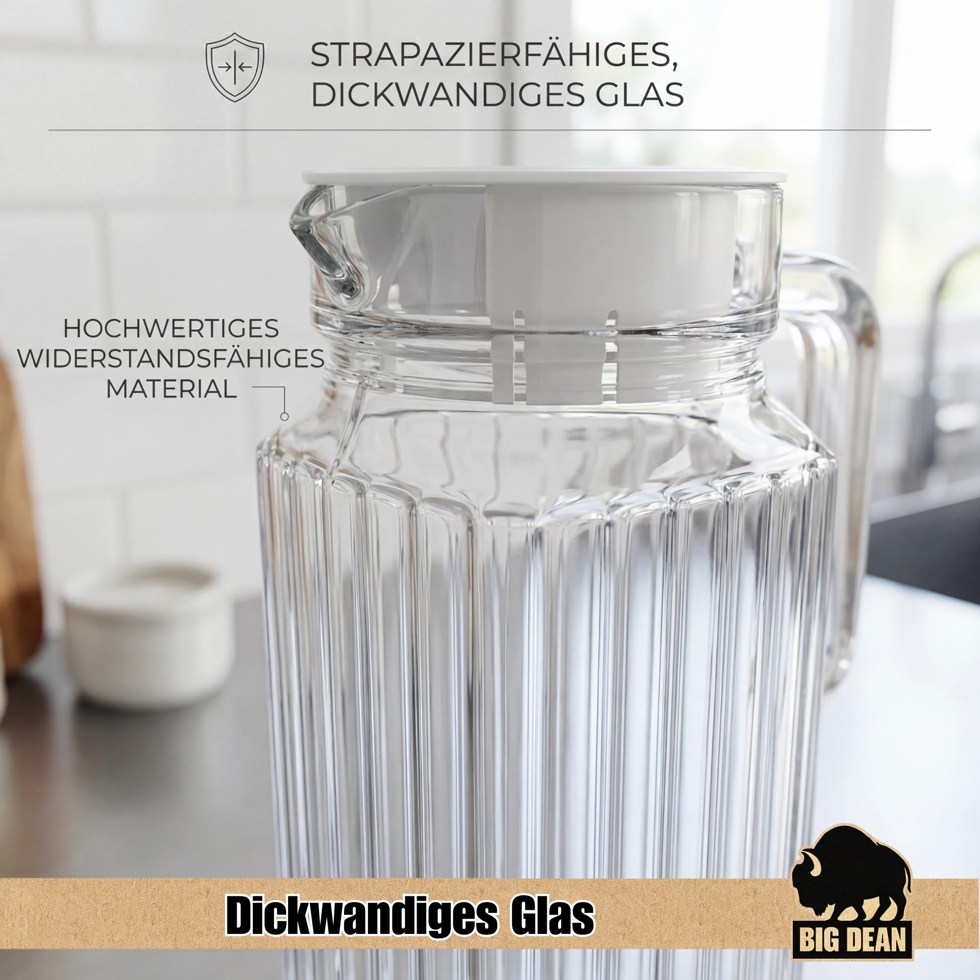 2 Stück Kühlschrankkrug 1,1 Liter Glas Wasserkrug mit Deckel ergonomischer Griff