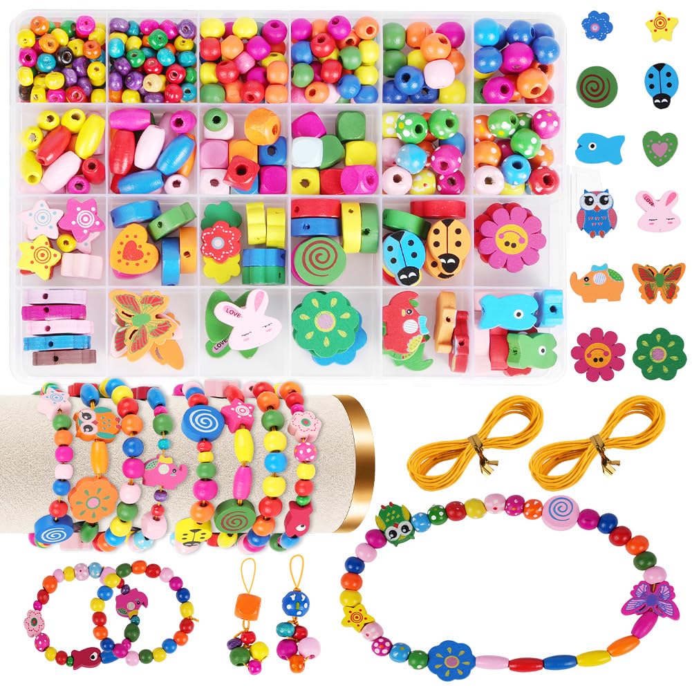 AUAUY DIY Wooden Beads Craft Kit for Bracelets Making, with 2 Beaded Cords