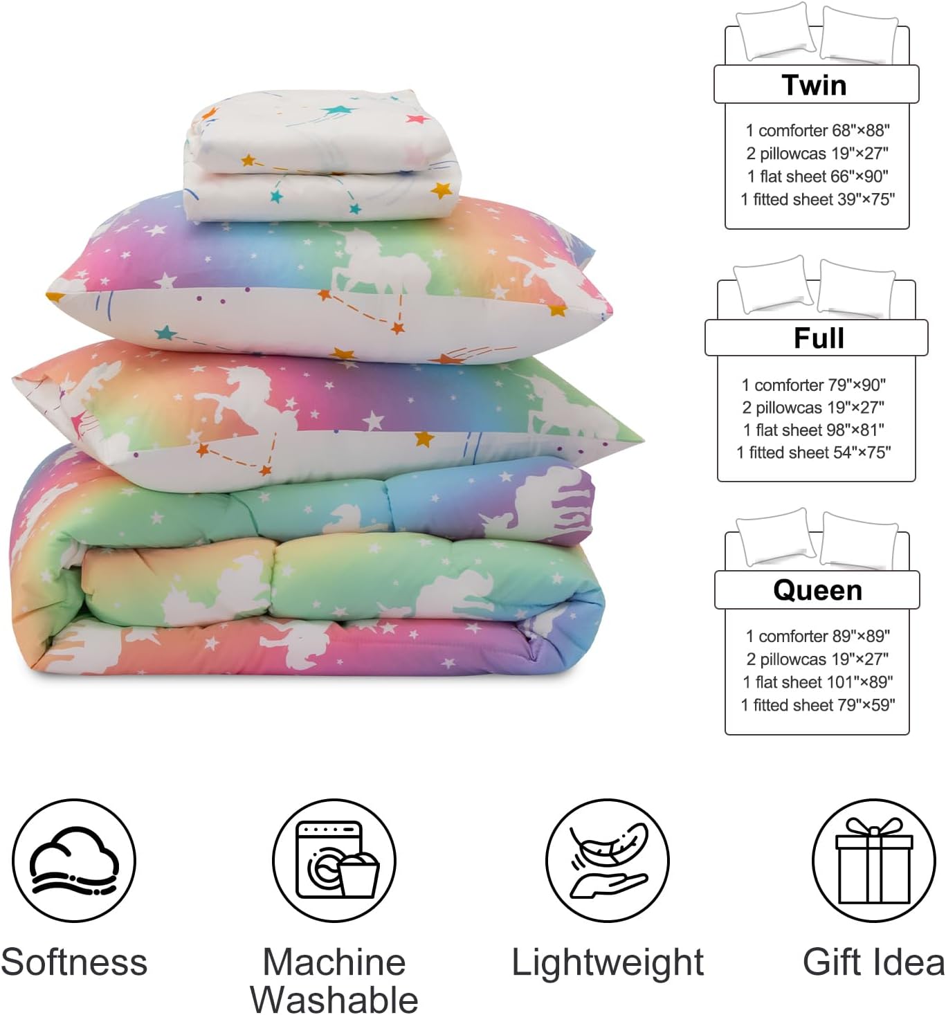 Aimuan Gradient Glitter Glow in the Dark Comforter Set Kids Unicorn Colorful Rainbow Galaxy Bedding Set Super Soft for Boys Girls Teen (Pink, Twin 5Pcs)