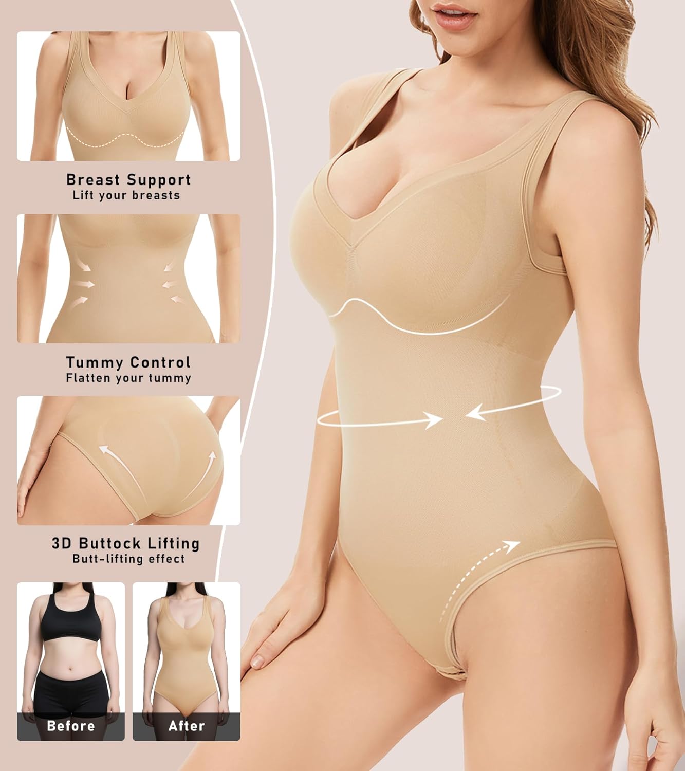 Bodysuits for Women Tummy Control Shapewear Seamless Body Suit Sexy V Neck Top Body Shaper - Image 3