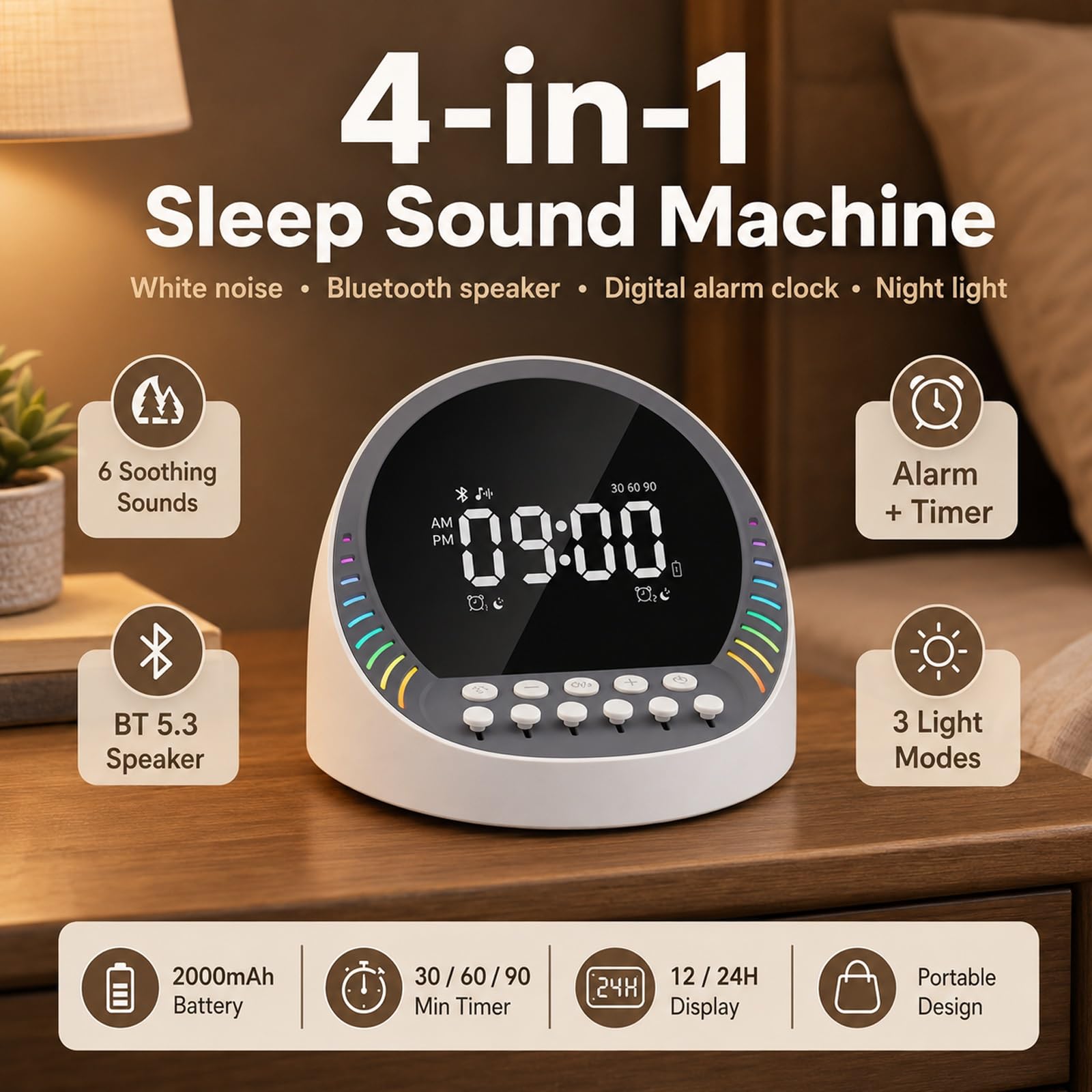 Máquina De Sonido Inteligente De Ruido Blanco Con Altavoz Inalámbrico Bluetooth, Luz Nocturna Ambiental De Colores Dinámicos Y Reloj Despertador Digital; Sonidos Relajantes De La Naturaleza(Negro)