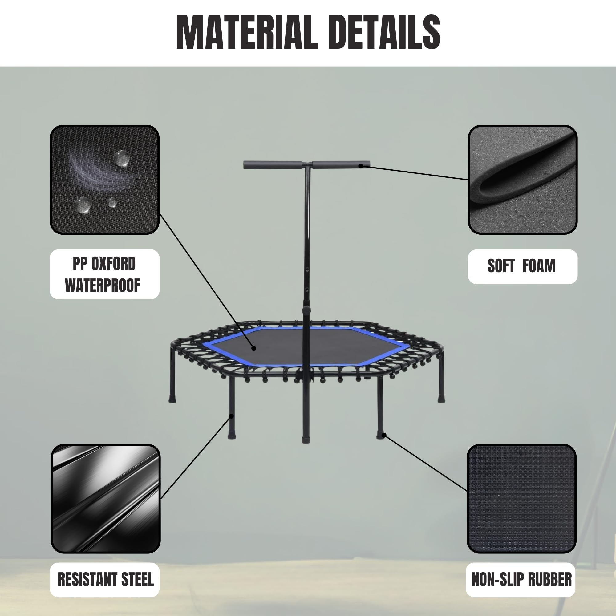 Trampoline Fitness Elastique pour Sauter de Ø90cm Pliable et Silencieux. Installation Facile, Octogonale pour Adultes,Enfants. Intérieur,Extérieur avec Accoudoirs Réglables en Mousse.