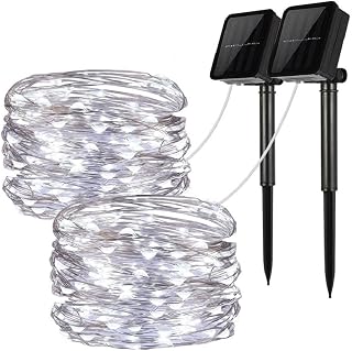 Solar String Lights, 2 Pack 100 LED Solar Fairy Lights 33 feet 8 Modes Copper Wire Lights Waterproof Outdoor String Lights for Garden Patio Gate Yard Party Wedding Indoor Bedroom Cool White