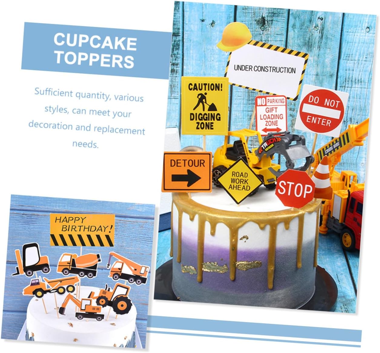 150Pcs Construction Cake Decor Toppers and Road Sign Cake Inserts for Birthday Party, Non-Edible Dessert Decorations, Engineering Vehicle Theme Party Supplies