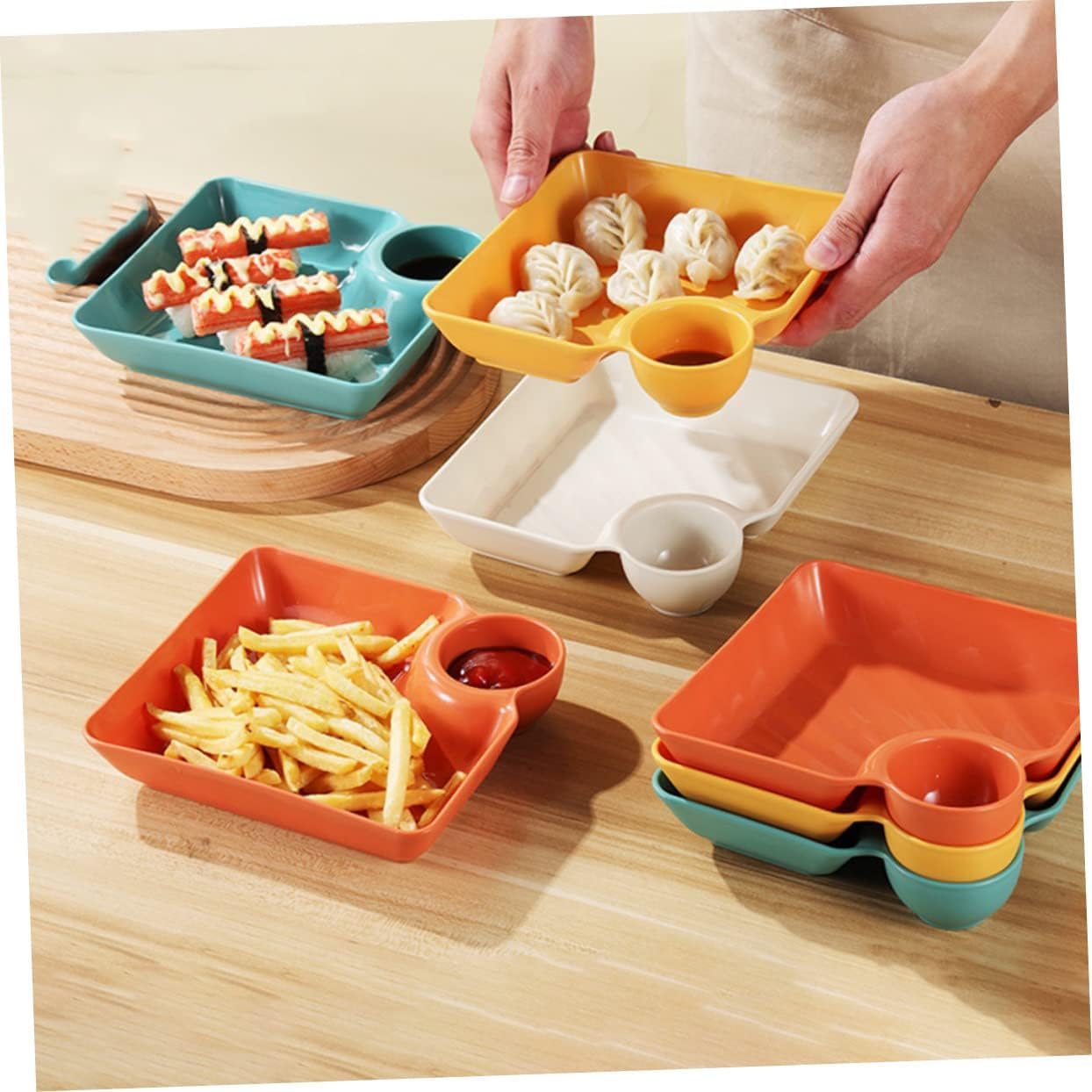 Kolorful Chip and Dip Serving Set:Plastic Dumpling Plates with Sauce Compartment Square Serving Plates with Sauce Holder Snack Plates Serving Dish Platter Tray for Party (4, Multi) 4