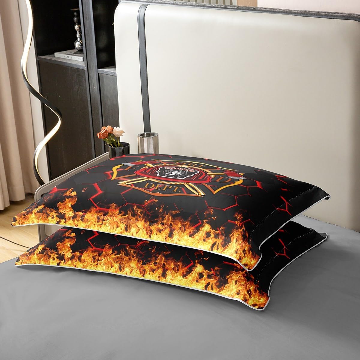 100% Nature Cotton Fireman Sign Duvet Cover King for Teens Youth,Watercolor Firefighter Flame Comforter Cover (Not Comforter),Abstract 3D Geometric Honeycomb Super Soft Bedding Bedroom Decor