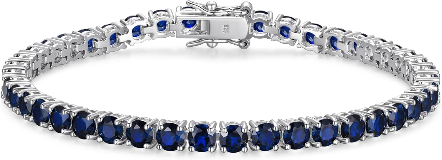 MORGAN & PAIGE .925 Sterling Silver Birthstones Tennis Bracelets for Women - Genuine Natural or Created 4mm Gemstone Round Cut Sterling Silver Bracelet, Jewelry Birthday Gifts for Women 7.25 inch