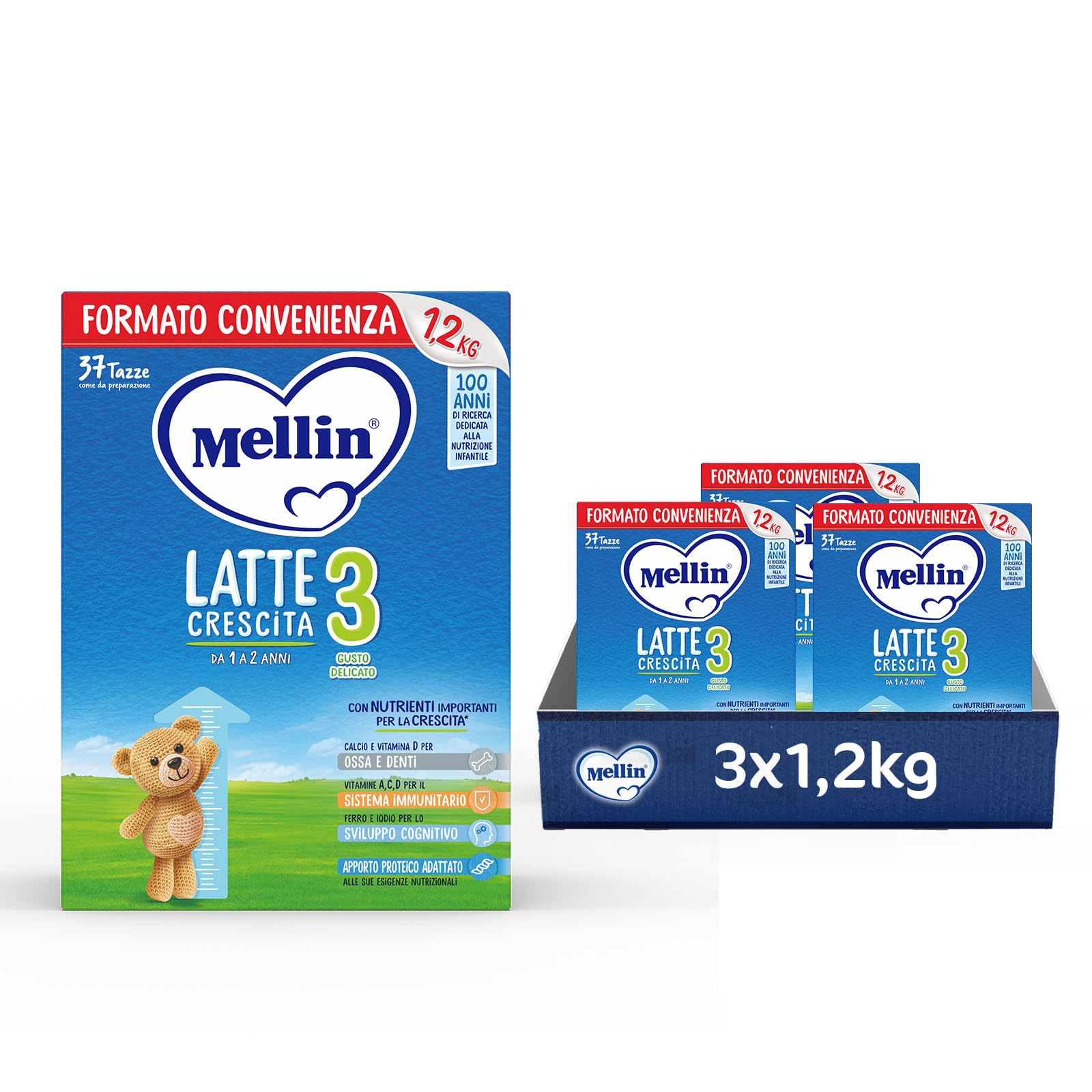 MELLIN 3 - Latte di Crescita in Polvere per Bambini - dal 1° anno compiuto al 2° anno, Gusto Delicato - Confezione da 3600 grammi (3 x 1200g)