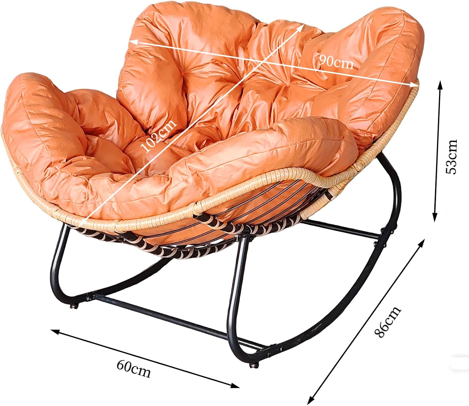 Papasan Rocking Chair with Cushion for Outdoor Indoor, Oversized Lounge Egg Chair with Steel Frame, Sturdy & Comfy Bedroom Recliner, Patio Furniture (Orange)