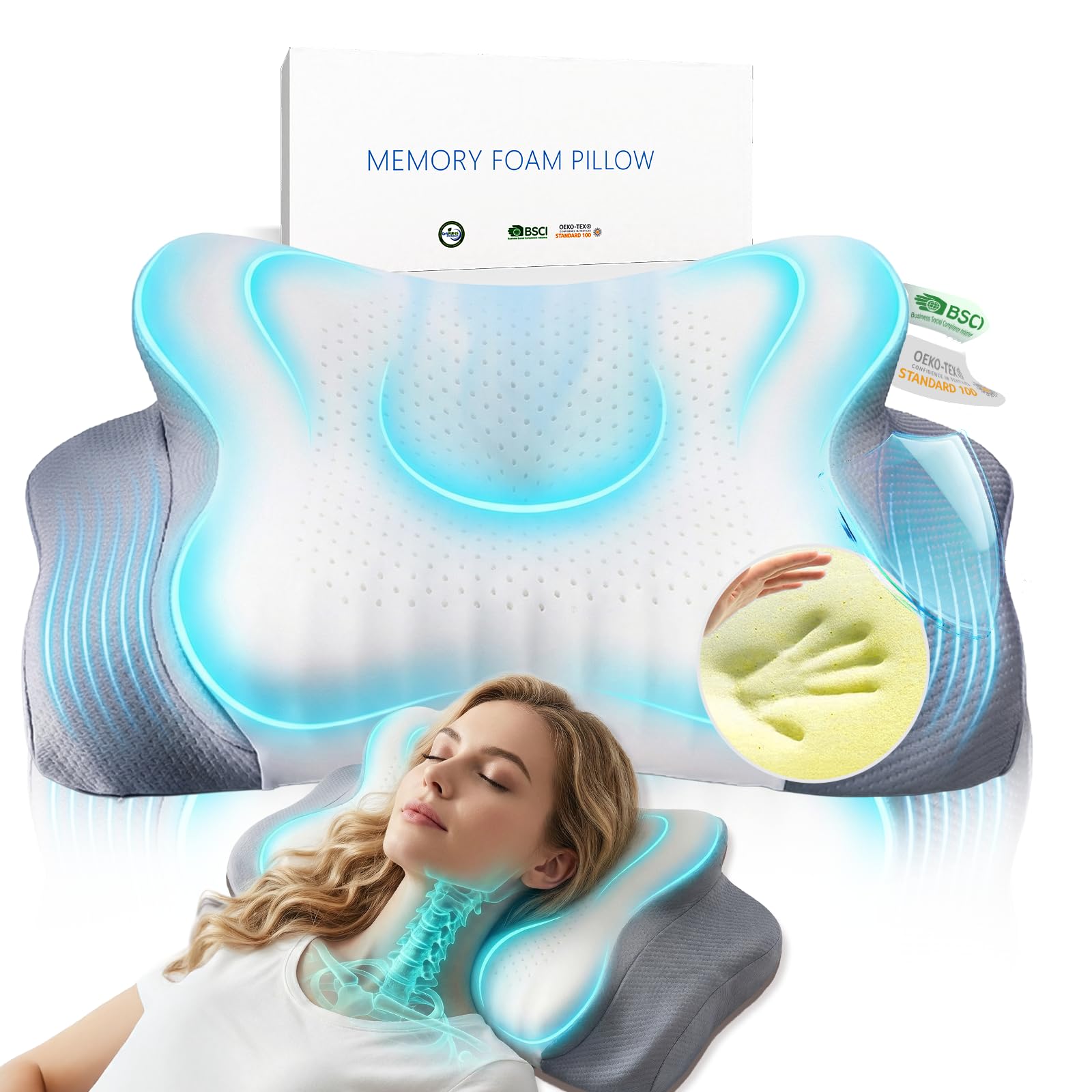 Almohada Cervicales y Cuello Premium | Almohada Cervical Viscoelástica Ergonómica 2 Alturas | Almohada Antironquidos Ortopédica para Dormir de Lado,Arriba y Abajo | Ice-Silk Transpirable