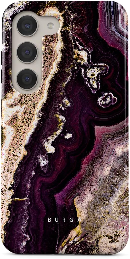 BURGA Phone Case Compatible with Samsung Galaxy S23 Plus - Hybrid 2-Layer Hard Shell + Silicone Protective Case -Purple & Gold Marble Stone - Scratch-Resistant Shockproof Cover