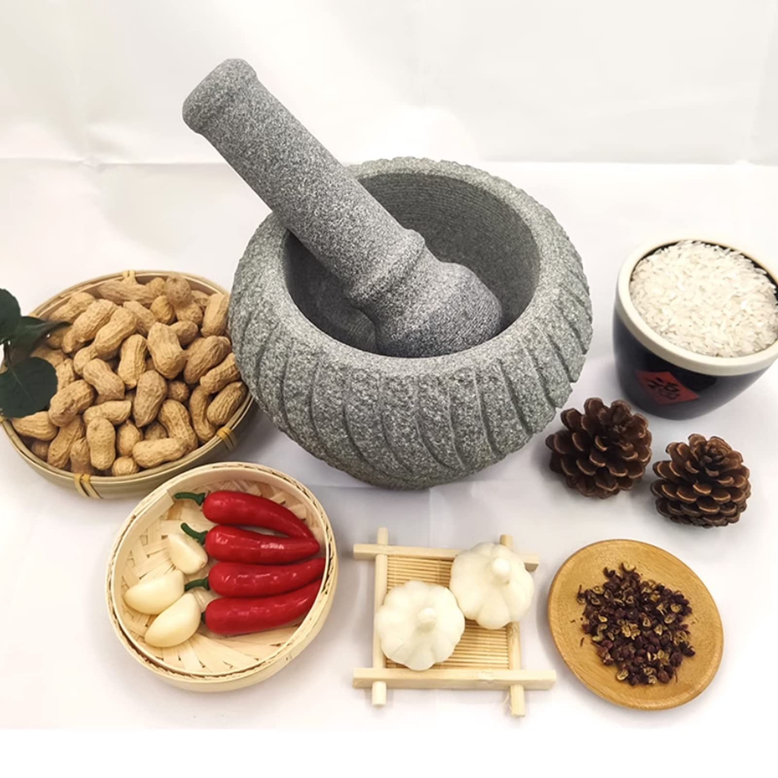 Knoblauchpresse Edelstahl Mörser- und Stößel-Set, unpolierter schwerer Granit, Mörser und Stößel, verbesserte Leistung und organisches Aussehen, Pillenbrecher, Gewürzmühle Knoblauchzerkleinerer(Groß)