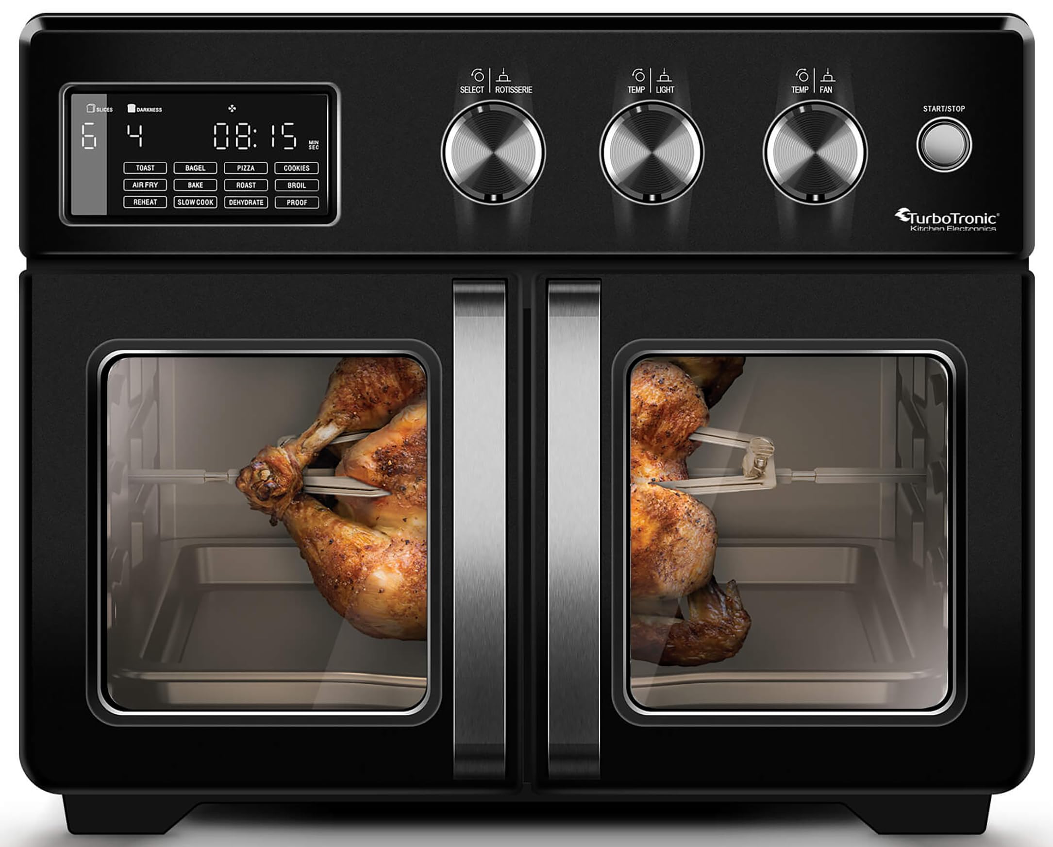 TurboTronic Mini Backofen - 4in1 Heißluftofen und Heißluftfritteuse XXL Version 32L inkl. Drehspieß & viel Zubehör, Dörrgerät ab 25°C & Grill, Airfryer, kleine Mini Tisch Back Pizzaofen (schwarz)