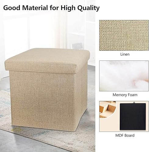 Miniatura 5 de ZLY Taburete plegable otomano de almacenamiento de tela de poliéster lino reposapiés asiento colección desorden 14 x 8 pulgadas Beige,Gris-oscuro