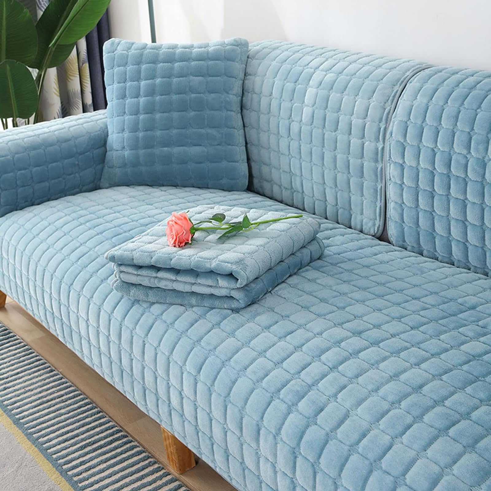 Velvet Sofa Cover 1 2 3 4 Seater, Dog Cat Sofa Protector Anti-Slip Couch Cover L Shape, Soft Sofa Cover Corner Sofa Sofa Protective Cover with Non-slip Base,Light blue,90x240cm