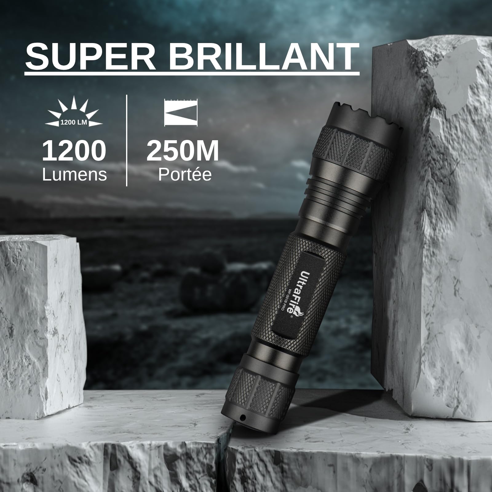 ULTRAFIRE Linterna táctica con estuche, 1200 lúmenes, linterna LED monomodo con cinturón de servicio soporte de antorcha, para aplicación de la ley, patrulla, seguridad, exterior, WF-501B PRO