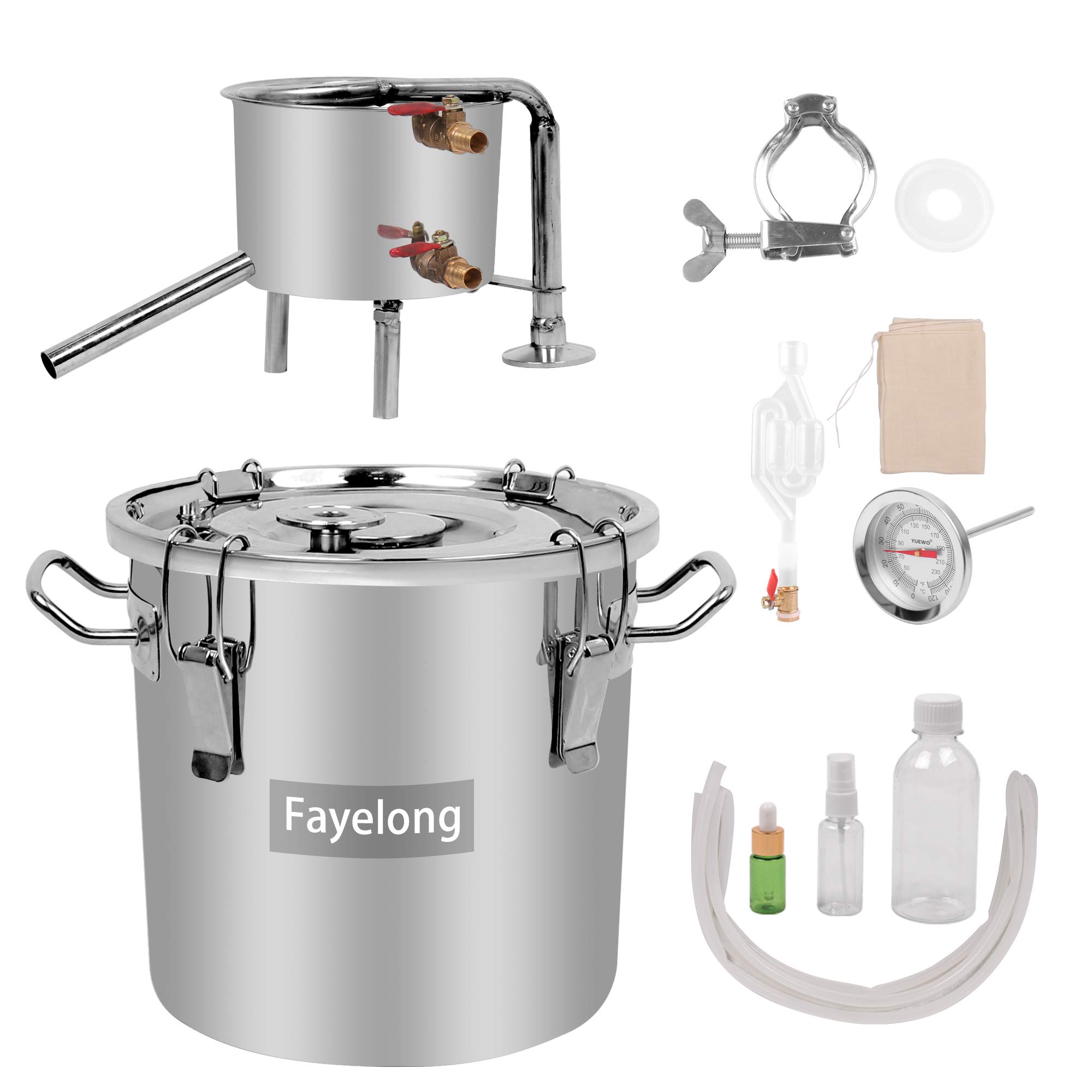 Fayelong Nuovo DIY CASA Alambicco Distillatore Vapore Distillazione Temperatura Acciaio Inox Serpentina Acqua Alcol Vino Oli Essenziali Completo Kit di Birra (10 L Litri)