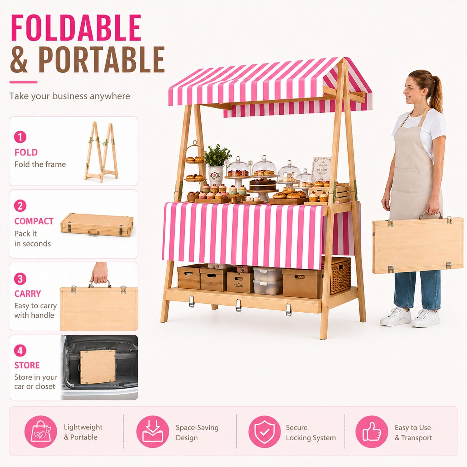 Stand Espositore Pieghevole in Legno con Tettuccio | Carrello Alimentare Portatile in Legno, Stand a 2 Livelli per Mercati e Feste(Blue,136cm/54")