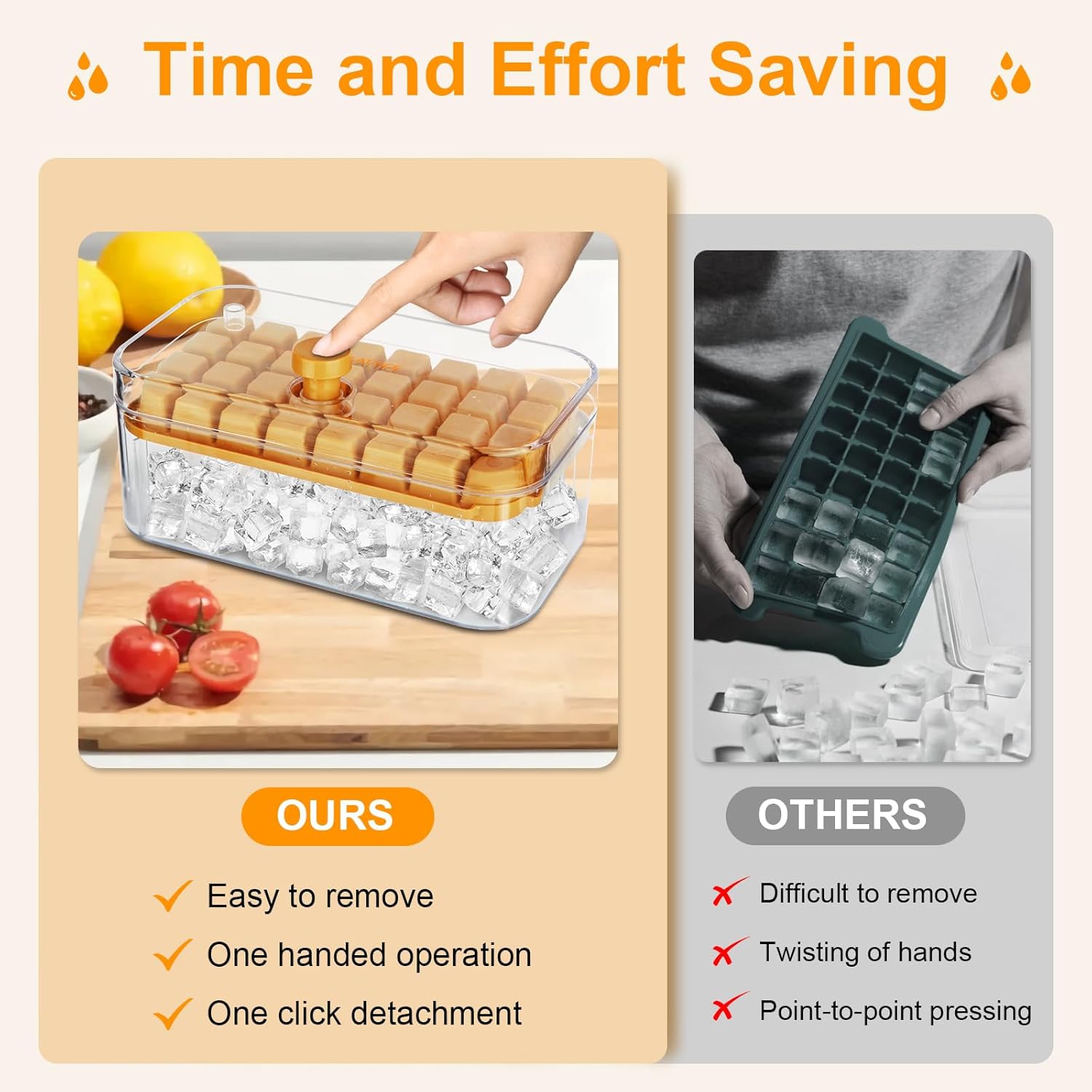 Ice Cube Tray with Lid and Bin, 2 Pack Ice Trays for Freezer, 64 PCS Ice Cube Mold with Ice Container Box & Ice Scoop for Whiskey, Cocktail, Tea, Coffee, DIY, Orange