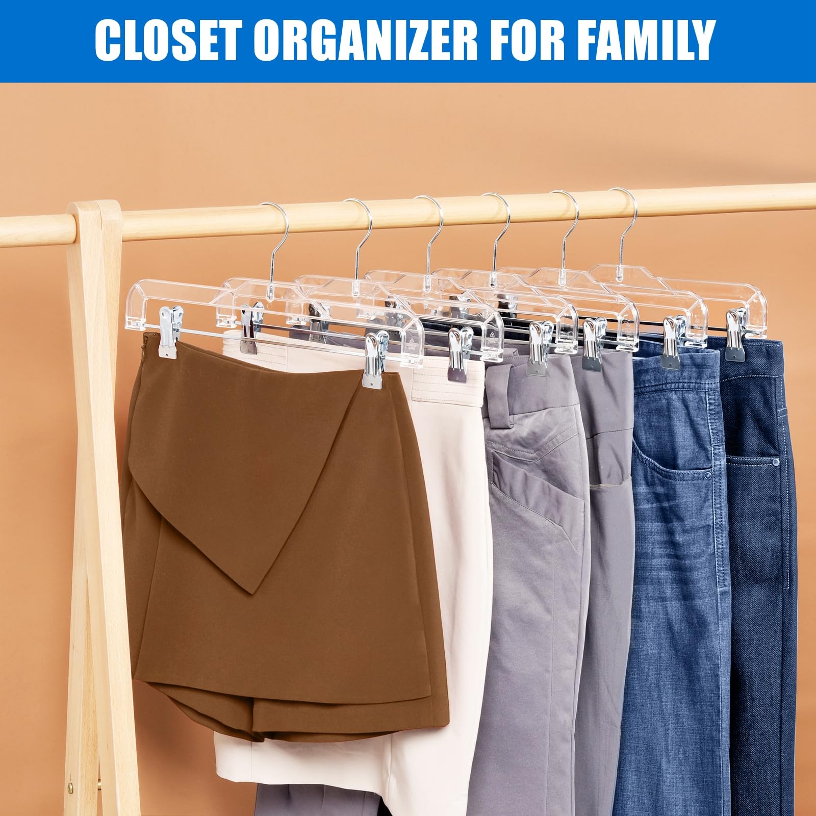 Amber Home 24 transparente Kunststoff-Kleiderbügel für Jeans, Hosen, Röcke, mit verstellbaren Clips und 360° drehbarem Haken | Rutschfeste Rockbügel mit 360 Grad drehbarem Haken, kristallklare Kleiderbügel für Jeans, Hosen und Shorts