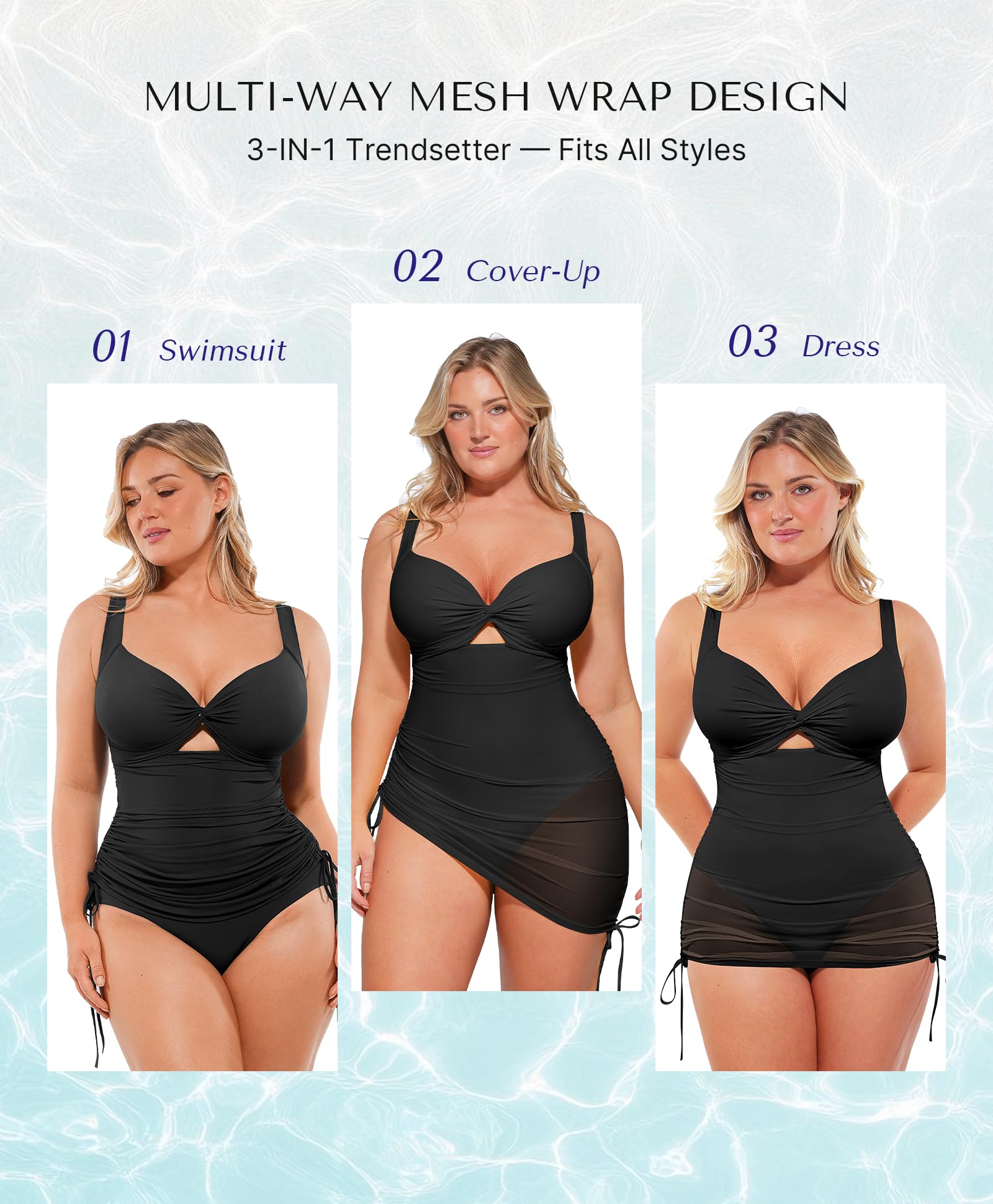 SHAPELLX Tummy Control One Piece Swimsuit with Mesh Wrap Skirt Swim Dress | Full Coverage Bathing Suit Versatile 3-in-1 Design with Integrated Cover-Up Removable Pads Front Twist Cutout Wide  product thumbnail 3