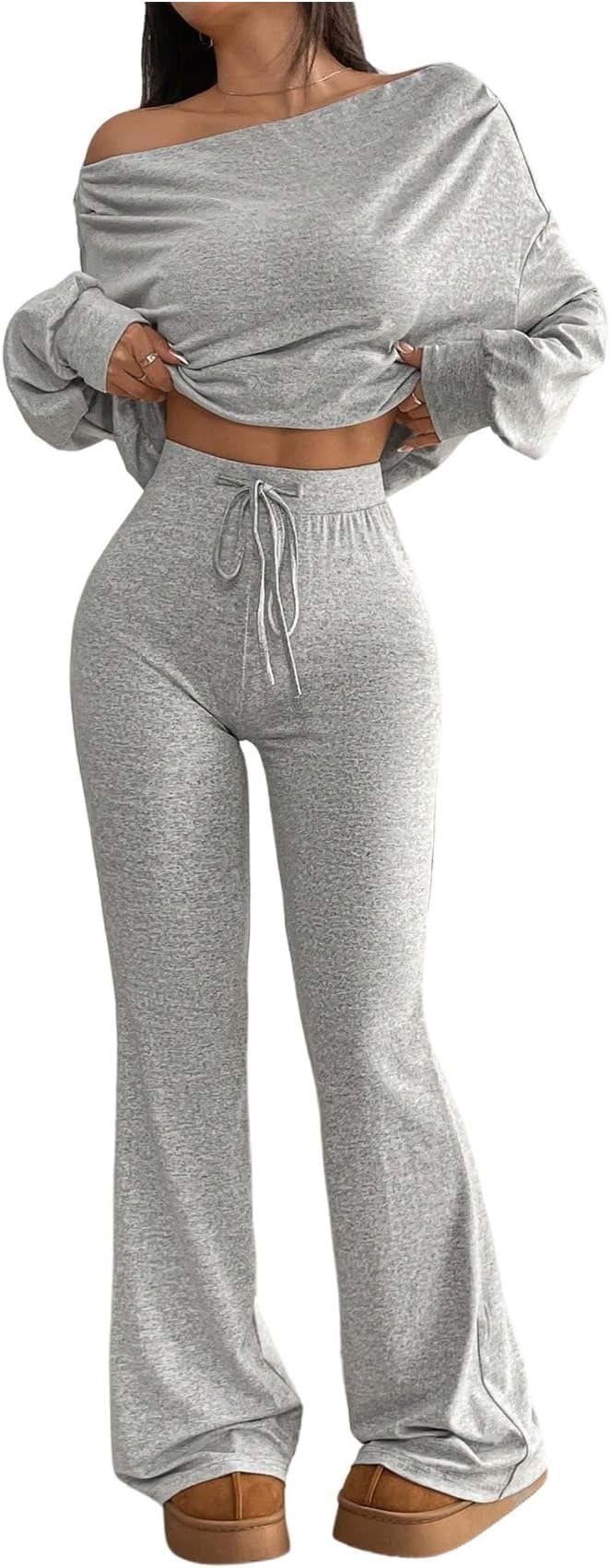 Women's 2 Piece Outfits Long Sleeve Off Shoulder Tee Drawstring Flared Pants Set