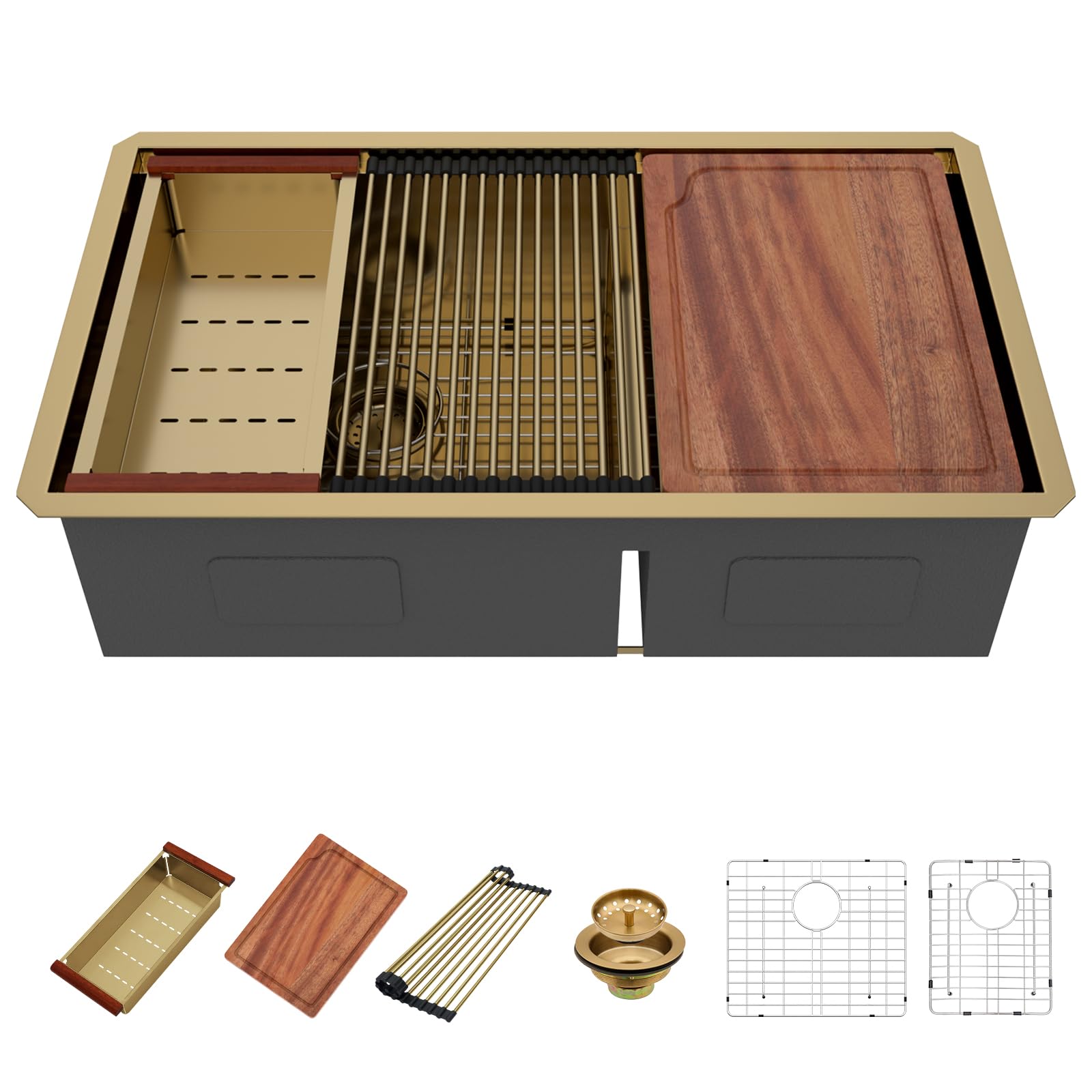 Évier double cuve doré 33x19 en acier inoxydable calibre 16 pour cuisine chic