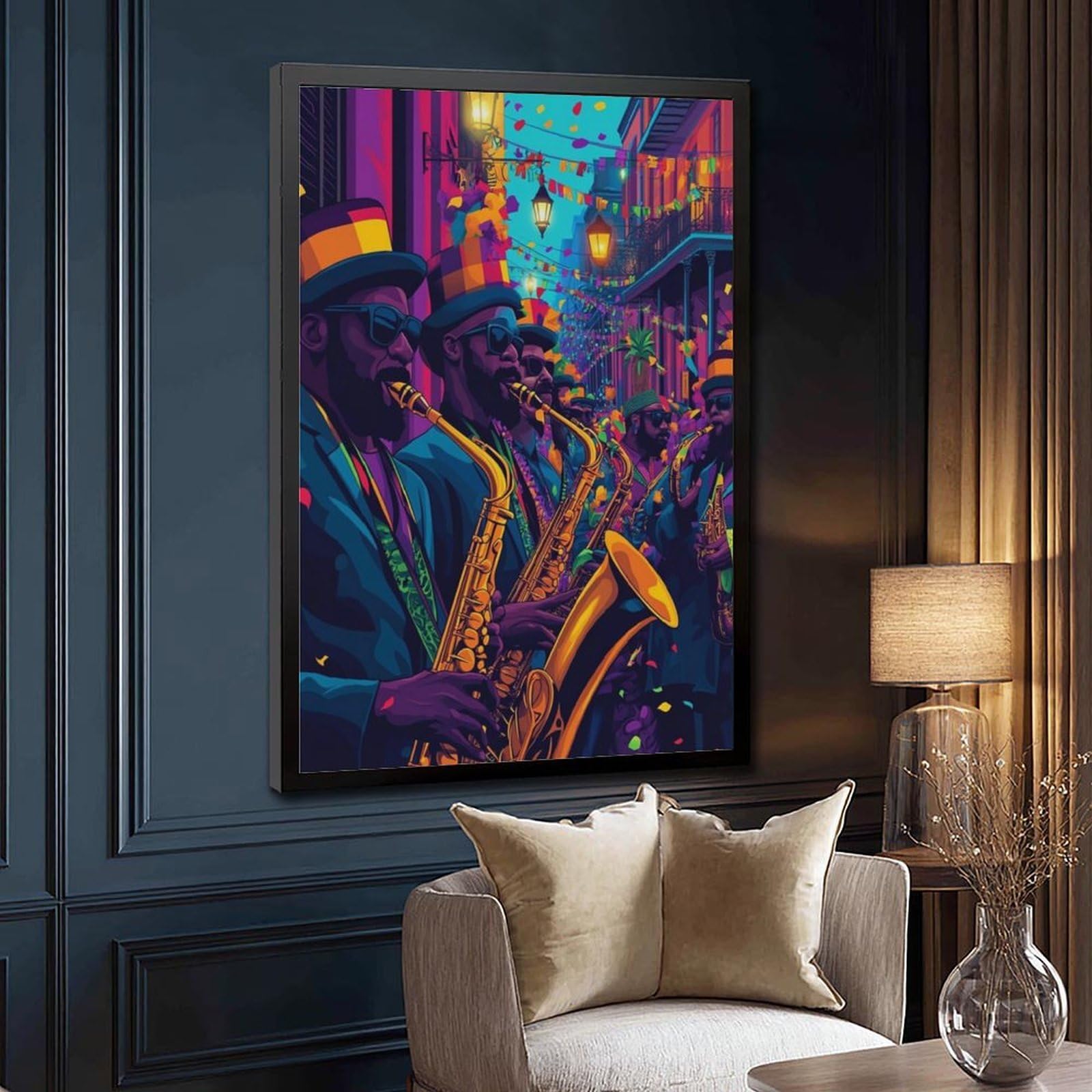 LXWNZE Mardi Gras Jazz Band Art, New Orleans Music Festival Canvas Poster Decorazione Camera da Letto Paesaggio Ufficio Camera Decorazione Regalo 40,6 cm L x 61 cm W
