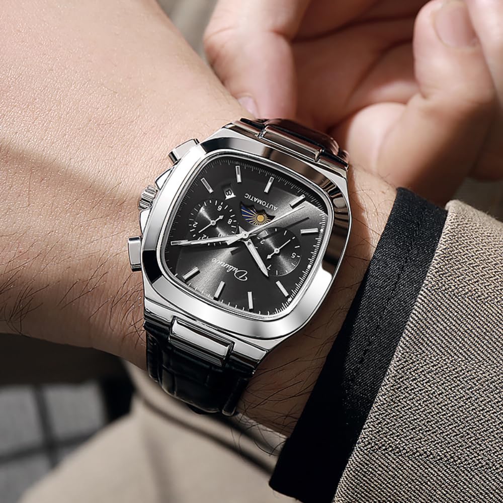 Herren-Armbanduhr, quadratisch, 6-polig, Mondphase, vollautomatisch, mechanisch, Kalenderanzeige, leuchtend, wasserdicht, Business-Mode, Armbanduhren, Wochen- und Monatsanzeige