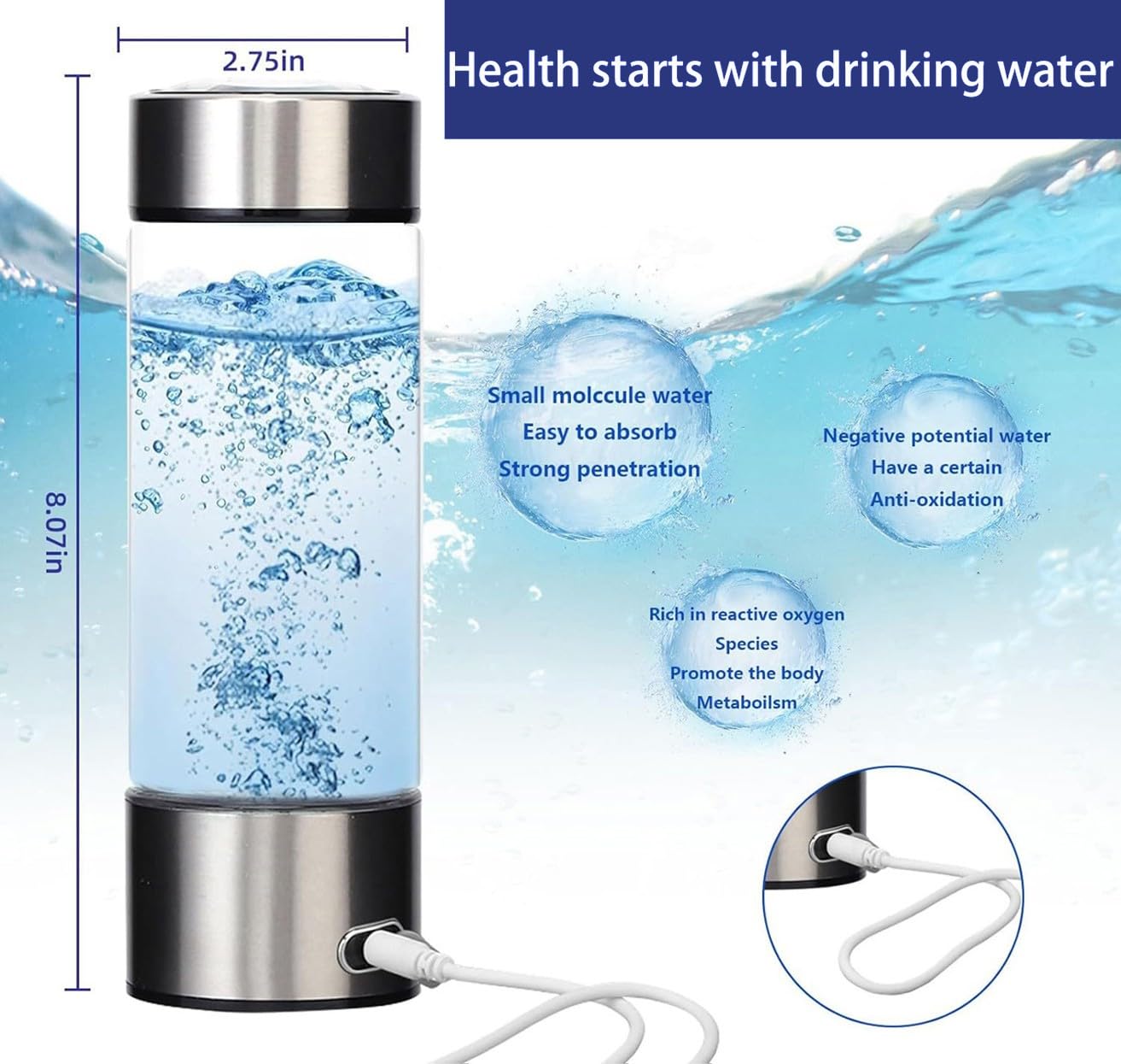 Hydrogen Water Bottle with PEM SPE Technology, Glass Kangen Water