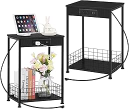 Black Nightstand Set of 2 Small Bed Side Table Night Stand with USB Ports and Power Outlets Narrow End Table with Charging Station and Storage Basket for Small Spaces, Living Room