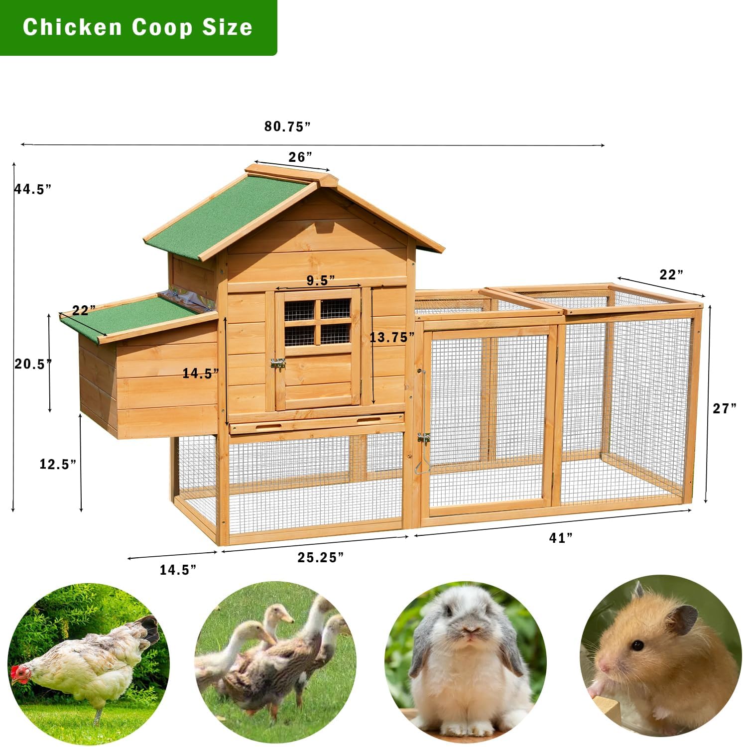 80” Large Chicken Coop, Waterproof Wooden Hen House for 2-4 Chickens, Outdoor Chicken House with Nesting Box, Removable Tray, PVC Cover, Run, for Garden Backyard Cage