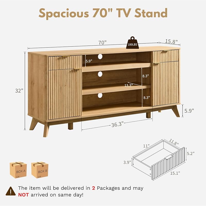 OKD 70" Fluted TV Stand for 80" TVs, 32" Tall Storage Entertainment Center image 2