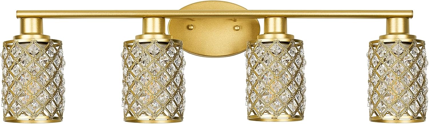 4 Light Gold Vanity Light Fixtures, Modern Farmhouse Vanity Light, Bathroom Lights Over Mirror,Crystal Vanity Lighting Fixtures for Bathroom,Powder Room Gold-4 4-light