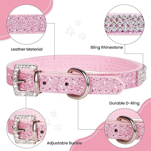 Miniatura 5 de Apasiri Collar de perro con diamantes de imitación para perros pequeños, collar de perro rosa, collar de cuero para perros medianos, lindo collar de