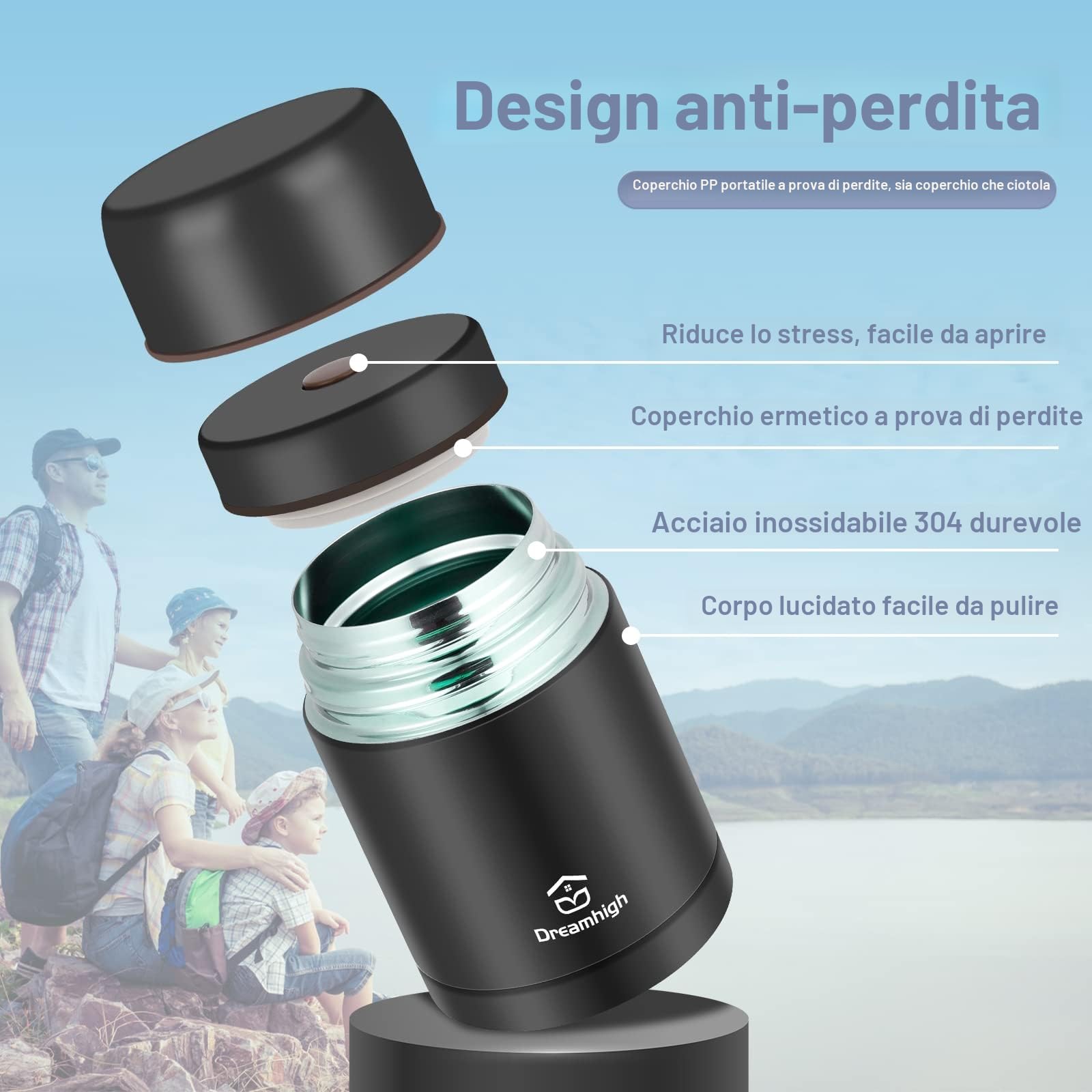 Dreamhigh® Termos per Alimenti 800 ml, Contenitore Termico per Alimenti Caldi, Thermos Pappa Neonati Acciaio Inossidabile con Sacchetto Isolante e Cucchiaio, Portavivande per Zuppa, Pasta (Nero)