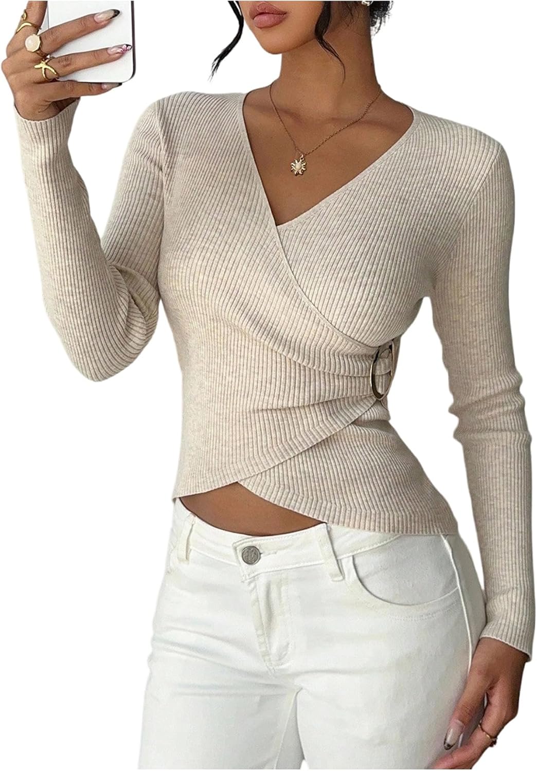 Milumia Women's V Neck Cross Wrap Sweater Buckle Long Sleeve Ribbed Knit Fitted Crop Tops