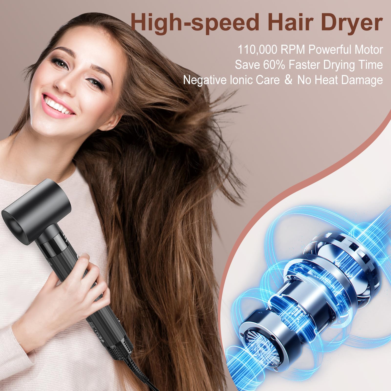 (OUTLET) Slopehill Airstyler 5 IN 1, 110,000 RPM High-Speed Ionic Haartrockner für Schnelltrocknend, Multi-Haarstyler mit Automatischer Luft-Lockenstab, Haarglätter Bürste ＆ Volumenbürste (Dunkelgrau)