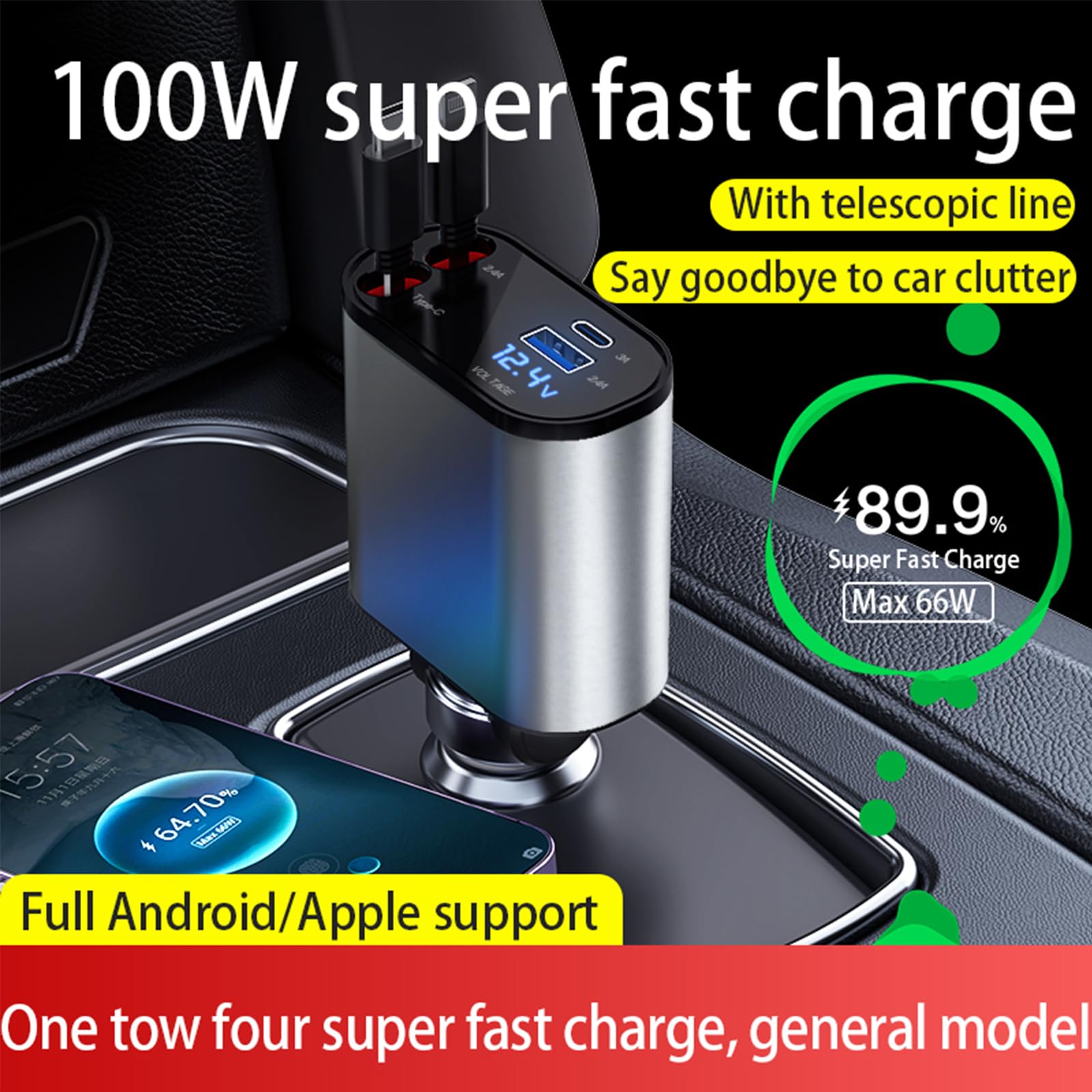 Retractable Car Charger?4 in1 Fast Car Phone Charger with Dual Retractable Cables and 2 Charging Ports (Type C+Lightning Retractable Cords)