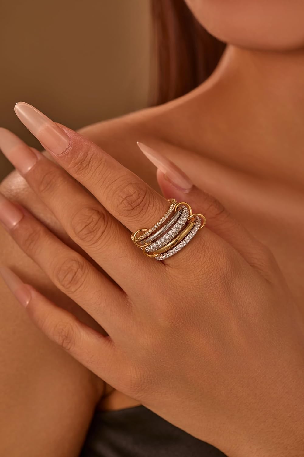 14K Gold Plated Interlocked Stackable Rings for Women Non Tarnish,Gold and Silver Cubic Zirconia Statement Rings Set,Mixed Metals Ring Two-Toned Connected Bands Stacking Jewelry - Image 5