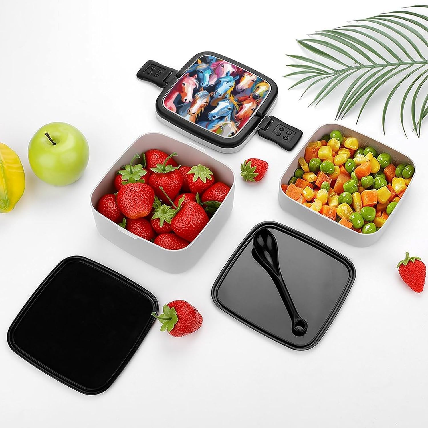 Colorful Cartoon Horses Lunch Box Double Layer Bento Box with Leak-Proof Lid & Removable Dividers Lunch Container
