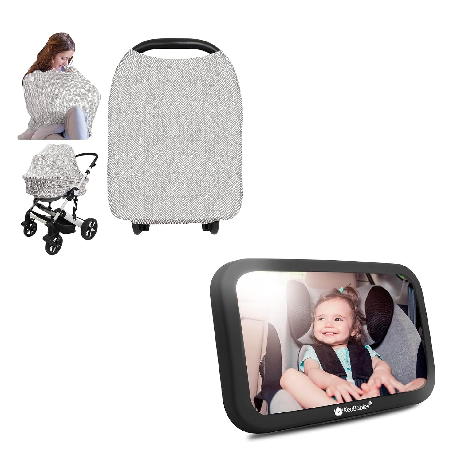 KeaBabies Car Seat Cover for Babies and Large Shatterproof Baby Car Mirror - Nursing Cover, Safety Baby Car Seat Mirror, Baby Car Seat Cover, Baby Car Mirror for Back Seat Rear Facing Infant