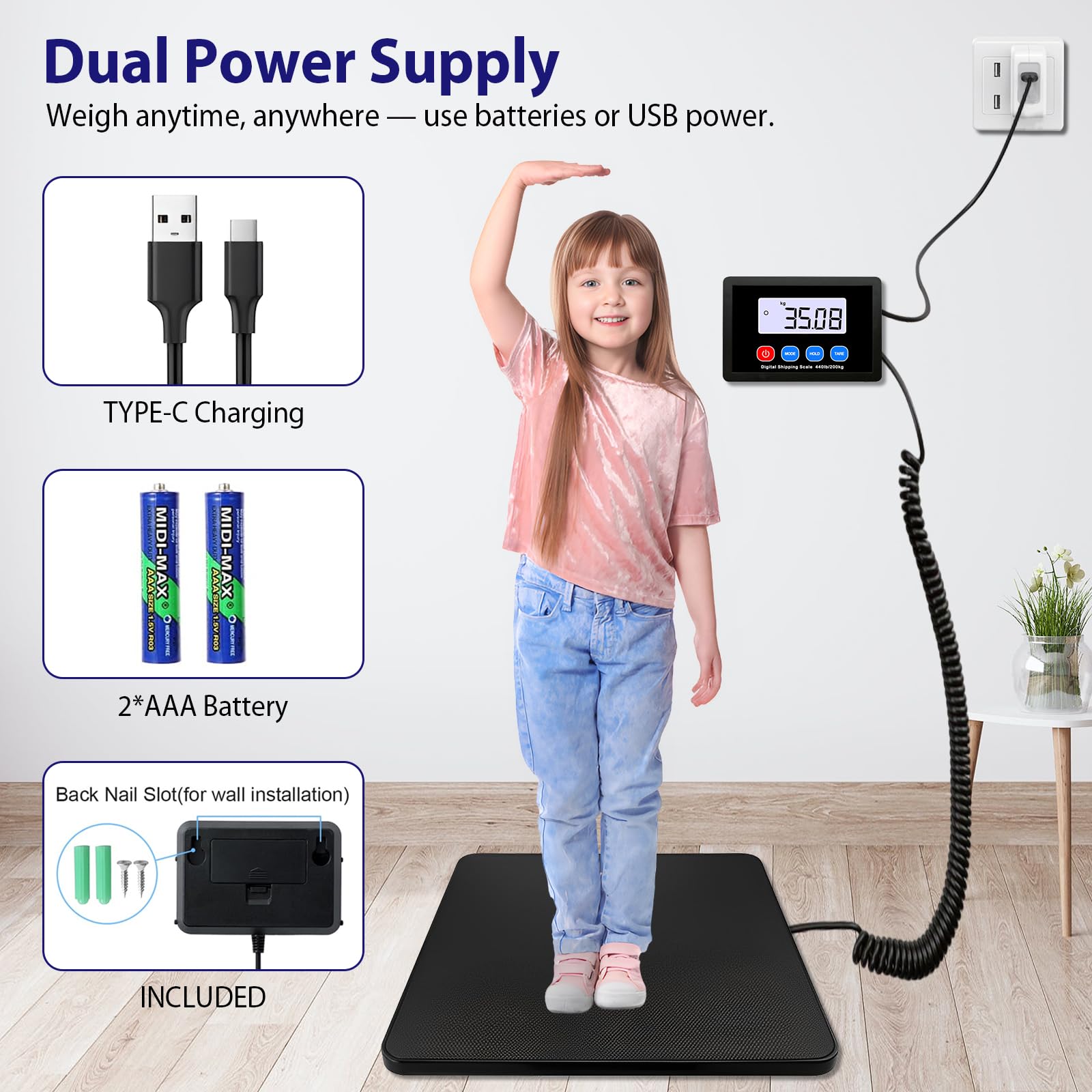 Báscula de Paquete 200KG, Báscula cocina industrial con función LCD/Hold/Tara, Balanza Postal Digital para Paquetes/Almacenes/Equipaje, pilas y alimentación USB