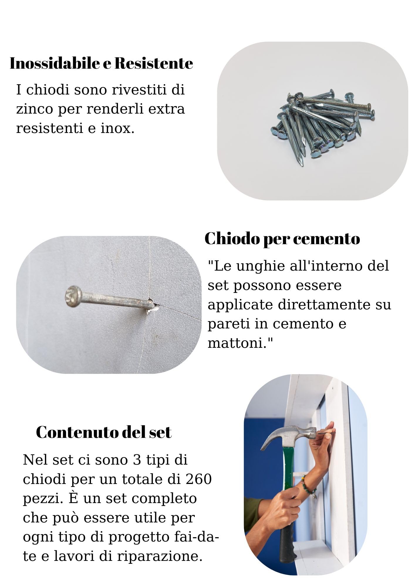 Netzerkoz set 260 chiodi in cemento - 3 tipi di chiodi in acciaio per cemento, mattoni, intonaco, legno, pareti e parquet, assortimento con scatola di immagazzinaggio